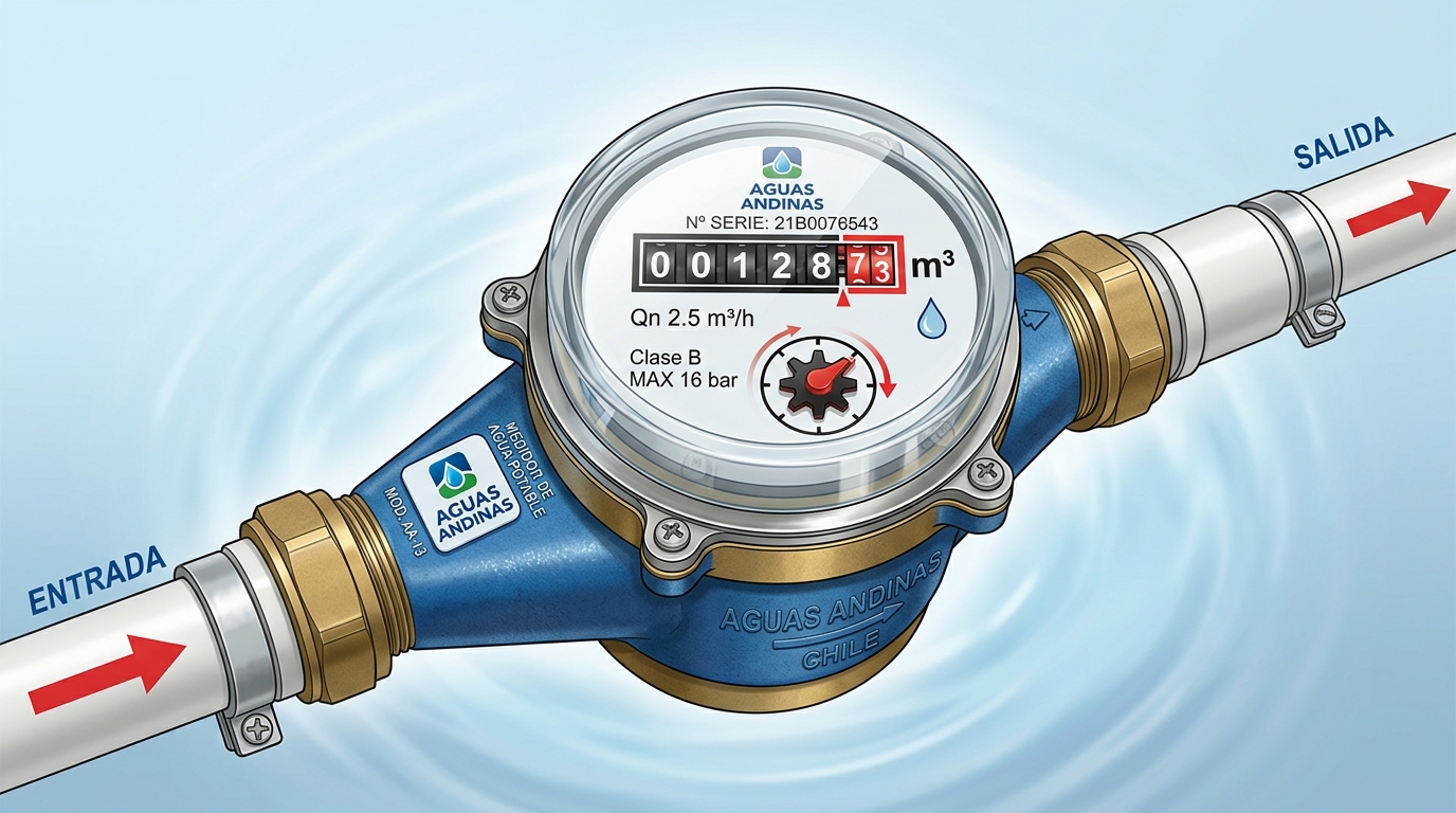 Medidor de agua potable domiciliario Aguas Andinas Chile para detección de fugas